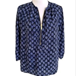 Michael Kors Womens Small Blue Floral Gold Zip Front Flowy 3/4 Sleeve Shirt